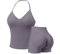 Seamless Gym Sets for Women 2 Piece Halter Crop Top Sports Bras Hidden Scrunch Shorts Yoga Outfits Activewear Tracksuit