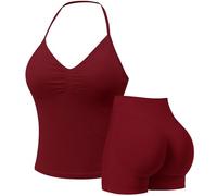 Seamless Gym Sets for Women 2 Piece Halter Crop Top Sports Bras Hidden Scrunch Shorts Yoga Outfits Activewear Tracksuit