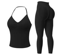 Seamless Gym Sets for Women 2 Piece Longline Halter Backless Impact Crop Top Hidden Scrunch Leggings Yoga Outfits Workout Tracksuit
