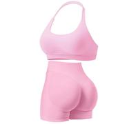 Seamless Gym Workout Sets for Women 2 Piece Halter Backless Sports Bras Hidden Scrunch Shorts Yoga Outfits Workout Tracksuits
