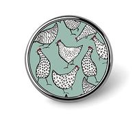 Seamless Hand Drawn White Chickens on Turquoise Round Brooch Pin, Unisex Smooth Lapel Tie Pin, Lightweight Badge Jewelry Crafts Decor for Costume Accessory Men Women