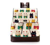 Seamless Lucky Cats on Red Background Mini Faux Leather Backpack Purse, Women Ladies Rucksack Handbag School Bag