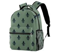 Seamless Navy Blue Fleur De Lis on Sage Green Background University Laptop Backpack, Travel Bag Large Capacity & Adjustable Strap