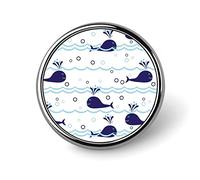 Seamless Ocean Waves Water Drop Circles Background with Blue Whales Round Brooch Pin, Unisex Smooth Surface Lapel Tie Pin, Lightweight Badge Jewelry Crafts Decor for Costume Accessory Men Women
