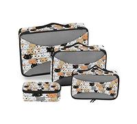 Seamless Orange Black White Grey Doodle Cat Kitten Heads Texture 4 Set Packing Cubes, Travel Packing Organizers, 600D Oxford Cloth Toiletry Storage Bag, Luggage Mesh Bags for Accessories