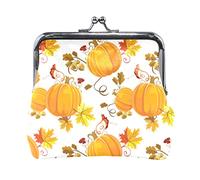 Seamless Orange Floral Autumn Pumpkins with Maple Oak Tree Leaves Women Leather Mini Buckle Coin Purse, Clasp Kiss Lock Closure Card Key Change Wallet for Women Girls Men Girl