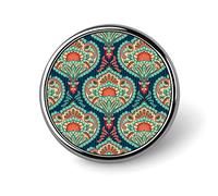 Seamless Oriental Retro Vintage Floral Flowers pattern Round Brooch Pin, Unisex Smooth Surface Lapel Tie Pin, Lightweight Badge Jewelry Crafts Decor for Costume Accessory Men Women