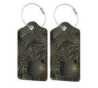 Seamless Pattern of Exotic Jungle Tropical Golden Palm Leaves,Luggage Tags Pu Leather Name Tag Travel Suitcase Identifier ID Tags Durable Luggage Label 2 pcs