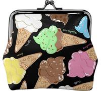 Seamless Pattern of Flavored Ice Cream Women's Leather Coin Purse, Small Change Pouch with Kiss-Lock Clasp Closure Buckle Wallet for Girl Gift