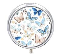 Seamless Pattern of Flying Butterflies, Blue, Yellow and Brown Iron Pill Box Case Organizer with Internal Separate Plastic Dividers, Travel Small Medicine Bag Holder Carrier Round Container