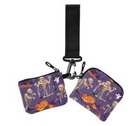 Seamless Pattern Pumpkins Mummies Castle Colorful Happy Halloween Dual Coin Purse Credit Card Holder Wallet Small Detachable Change Purse Wallet with Keychain for Women 2 Packs, Seamless Pattern