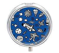 Seamless Pattern Space Rockets Astronaut Planets on Dark Blue Iron Pill Box Case Organizer with Internal Separate Plastic Dividers, Travel Small Medicine Bag Holder Carrier Round Container