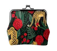 Seamless Pattern with Leopards and Roses, PU Leather Coin Purse, Small Wallets, Change Pouch with Kiss Lock Clasp Buckle, Change Purse