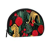 Seamless Pattern with Leopards and Roses, Women's Storage Bag Shell Makeup Bag Small Coin Purse Shell Change Pouch