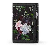 Seamless Pink White Roses Light Blue Succulent Green Leaves on Dark Trifold Wallet, Stylish Purse With Keychain, Credit Pass Case Card-Holder for Crash Bills Receipts Women Men 5 x 3.3 x 0.2 Inch