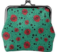Seamless Poppies On Green Background Women's Leather Coin Purse, Small Change Pouch with Kiss-Lock Clasp Closure Buckle Wallet for Girl Gift