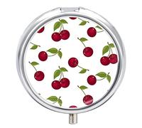 Seamless Red Cherries Cherry Fruits with Green Leaves on White Iron Pill Box Case Organizer with Internal Separate Plastic Dividers, Travel Small Medicine Bag Holder Carrier Round Container