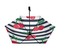 Seamless Red Cherries with Green Leaves on Black White Stripes Compact Lightweight Folding Umbrella, Inner Print Sun Parasol with UV Protection, Strong Portable Travel Rain Umbrella
