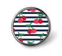 Seamless Red Cherries with Green Leaves on Black White Stripes Round Badge Smooth Surface Lapel Tie Pin, Lightweight Badge for Women Men Office Worker Nurse Teacher Student Shirts Backpack