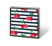 Seamless Red Cherries with Green Leaves on Black White Stripes Square Badge Smooth Surface Lapel Tie Pin, Lightweight Badge for Women Men Office Worker Nurse Teacher Student Shirts Backpack