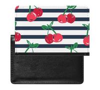 Seamless Red Cherries with Green Leaves on Black White Stripes Women's Passport Protector, Men's Passport Protector, PU Travel Passport Protector for Women Men Worker 5.8 x 3.9 x 0.4 inch