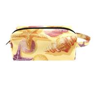 Seamless Seashells and Starfish Yellow Background Women Cosmetic Storage Bag, Hanging Makeup Toiletry Bag, Portable Leather Travel Bag School Pencil Case