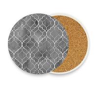 Seamless Silver White Moroccan Tiles with White Geometric Lines 2 PCs Ceramic Mug Coaster for Drinks, Stone Coasters Holder with Cork Base, Oversize Cup Mat Pad for All Mugs, Housewarming Gift