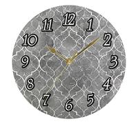 Seamless Silver White Moroccan Tiles with White Geometric Lines Wall Clock, Silent Non-Ticking Easy to Read Round Decorative Wall Clock with Gold Hands for Home Office School 9.5" in Diameter