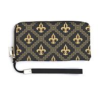 Seamless Squares with Gold Fleur De Lis on Black Medieval Ornament Long Clutch Wallet, Long Handbag with Removable Wristlet Strap, PU Leather Zip Purse, Credit Pass Case Card-Holder for Men Women