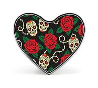 Seamless Sugar Skulls Red Roses with Green Leaves on Black Heart Brooch Pin, Unisex Smooth Surface Lapel Tie Pin, Lightweight Badge Jewelry Crafts Decor for Costume Accessory Men Women