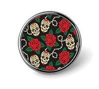 Seamless Sugar Skulls Red Roses with Green Leaves on Black Round Brooch Pin, Unisex Smooth Surface Lapel Tie Pin, Lightweight Badge Jewelry Crafts Decor for Costume Accessory Men Women