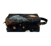 Seamless Sun Moon Clouds Stars on Dark Background Women Cosmetic Storage Bag, Hanging Makeup Toiletry Bag, Portable Leather Travel Bag School Pencil Case