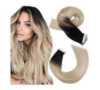 Seamless Tape in Hair Extensions, Blonde Hair Extensions Human Hair Black Ombre to Ash Blonde Mix with Platinum Blonde Tape in Extensions Human Hair Remy Straight Tape ins 12-24 Inch,Perfect for Natu