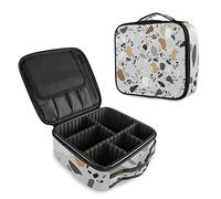 Seamless Terrazzo Stone Fragments Rock Surface on Grey Background Women's Portable Makeup Bags with Handle, Adjustable Dividers, Travel Cosmetic Toiletry Accessories Storage Organizer for Girls