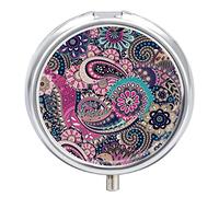 Seamless Vintage Paisley Flowers Floral Flowers Asian Pattern Iron Pill Box Case Organizer with Internal Separate Plastic Dividers, Travel Small Medicine Bag Holder Carrier Round Container
