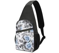Seamless Vintage Retro Blue Rose Flowers with Grey Leaves on White Adjustable Fanny Waist Pack Pouch, Crossbody Durable Runners Bag Wallet for Sports Cycling Gym Hiking Fitness Women Men