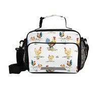 Seamless Watercolor Chickens Roosters Farm Birds on White Leak-proof Insulated Lunch Bag, Lunch Box with Adjustable Shoulder Strap for Travel Work, Cooler Double Zippers Tote Lunchbox