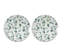 Seamless Watercolor Green Eucalyptus Branches with Leaves on White 2 PCs Car Absorbent Ceramic Coaster, Auto Round Cup Mat Mug Pad with a Finger Notch for Easy Removal, Cup Holder with Cork Base