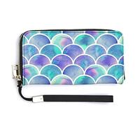 Seamless Watercolor Mermaid Fish Tail Scales in Purple Turquoise Long Clutch Wallet, Long Handbag with Removable Wristlet Strap, PU Leather Zip Purse, Credit Pass Case Card-Holder for Men Women