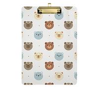 Seamless White, Blue and Brown Bear Heads with Polka Dots on WhitePlastic Clipboard A4 Letter Size PVC Writing Board with Low Profile Gold Metal Clip Hardboard for School, Office 12.5x9 Inch