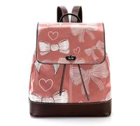 Seamless White Bow and Heart Pink Background Women Laptop Backpack, PU Leather Daypack Fashion Rucksack Travel Shoulder Bag