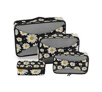 Seamless White Daisies Flowers and Circles on a Black Background 4 Set Packing Cubes, Travel Packing Organizers, 600D Oxford Cloth Toiletry Storage Bag, Luggage Mesh Bags for Accessories