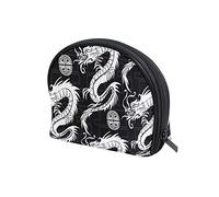 Seamless White Dragons on Blue Geometric Lines Dark Background Women's Shell Shape Cosmetic Makeup Bag, With Zipper Travel Toiletry Bag, Colorful Storage Bag for Lady Girl 8 x 2.5 x 5.5 inch