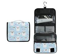 Seamless White Lama Faces with Sunglasses, Pink Hearts, on Blue Hanging Wash Gargle Toiletry Bag Travel Cosmetic Makeup Case Organizer Storage Large Portable