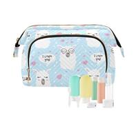 Seamless White Lama Faces with Sunglasses Pink Hearts on Blue Women Cosmetic Bag Makeup Bag Stylish Trip Beauty Bag Travel Toiletry Bag with Bottle Organizer 10.2 x 5.9 x 6.7 inch