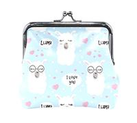 Seamless White Lama Faces with Sunglasses, Pink Hearts, on Blue Women Leather Mini Buckle Coin Purse, Clasp Kiss Lock Closure Card Key Change Wallet for Women Girls Men Girl