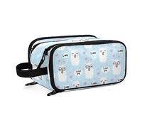 Seamless White Lama Faces with Sunglasses, Pink Hearts, on Blue Women's Portable Makeup Bag with Handle, Cosmetic Bag, Travel Cosmetic Bag Durable Toiletry Storage Organizer 11 x 7 x 5.7 inch
