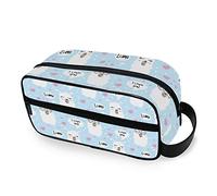 Seamless White Lama Faces with Sunglasses, Pink Hearts, on Blue Women's Portable Makeup Bag with Side Handle, Zipper Cosmetic Bag, Men's Travel Cosmetic Bag, Toiletry Bag 10 x 4.5 x 4.9 inch