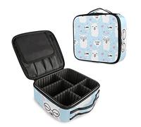 Seamless White Lama Faces with Sunglasses, Pink Hearts, on Blue Women's Portable Makeup Bags with Handle, Adjustable Dividers, Travel Cosmetic Toiletry Accessories Storage Organizer for Girls
