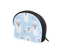 Seamless White Lama Faces with Sunglasses, Pink Hearts, on Blue Women's Shell Shape Cosmetic Makeup Bag, With Zipper Travel Toiletry Bag, Colorful Storage Bag for Lady Girl 8 x 2.5 x 5.5 inch